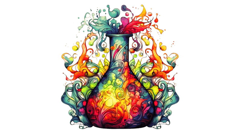 Fantasy-style illustration of a laboratory flask, surrounded by various chemical apparatus and colorful liquids.