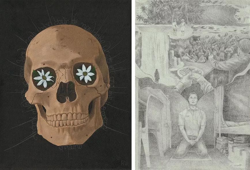 Two artworks created by Ross Ulbricht in prison, one of a skull with flowers and another a pencil drawing of various life scenes.